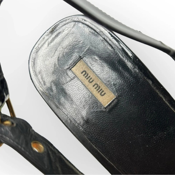 Miu Miu Black Patent Leather  Peep Toe Slingback Wooden Wedge Heel 39 - Picture 12 of 14